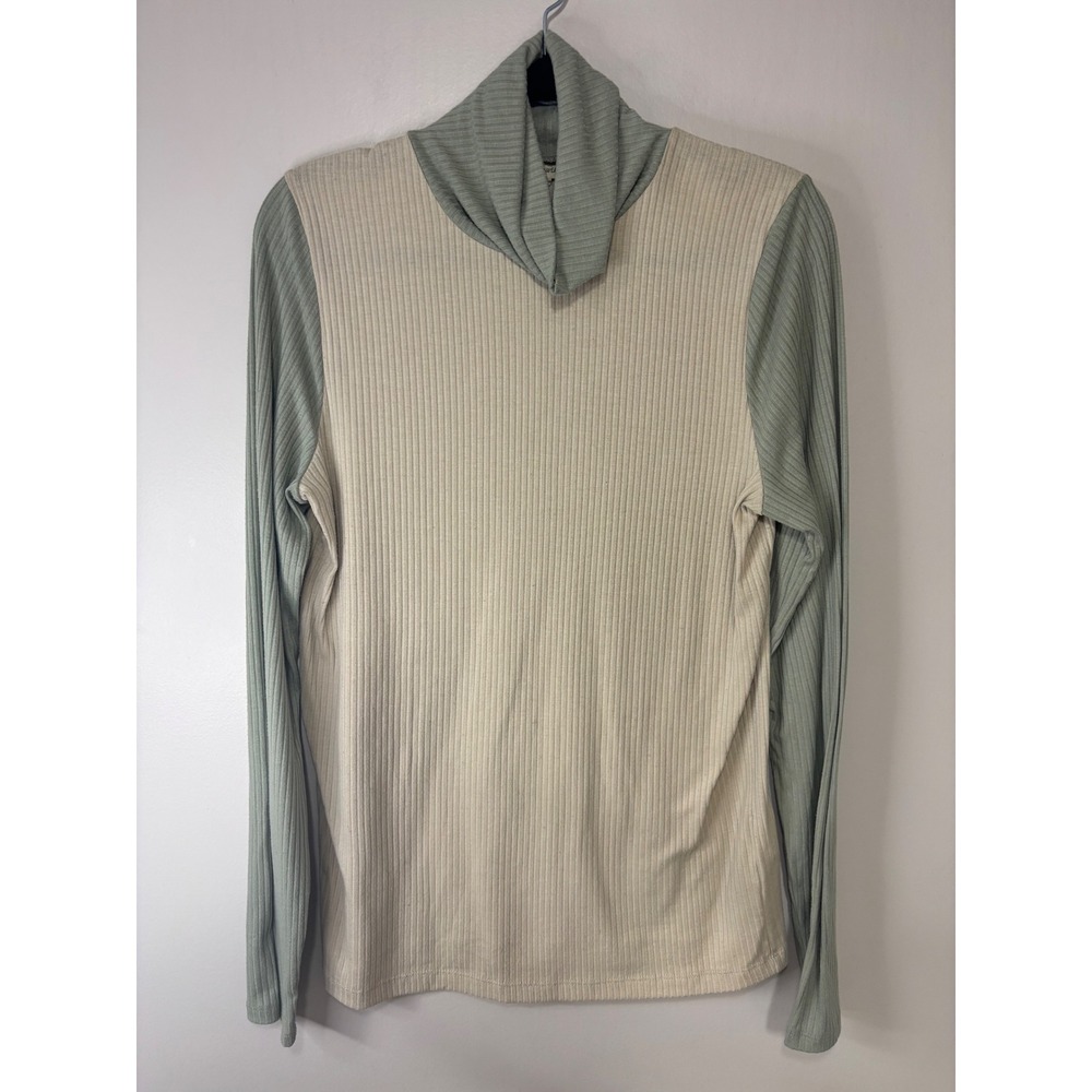 Madewell Ribbed Turtleneck Long Sleeve Shirt Beige Green Colorblock Size L